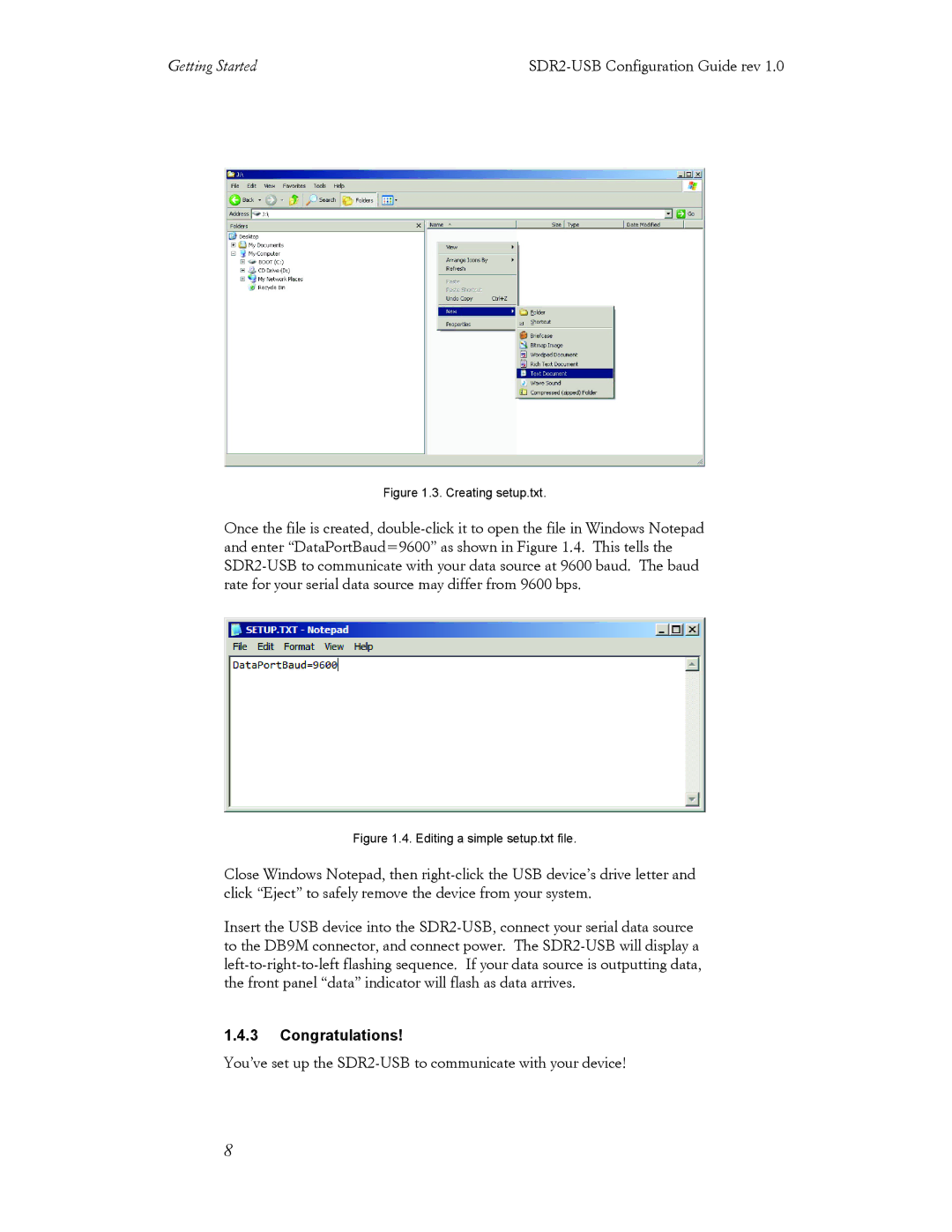 Acumen SDR2-USB manual Congratulations, Creating setup.txt 