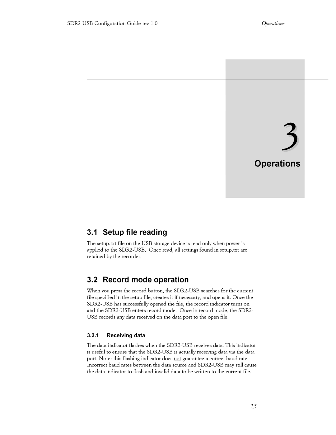 Acumen SDR2-USB manual Operations, Setup file reading, Record mode operation, Receiving data 