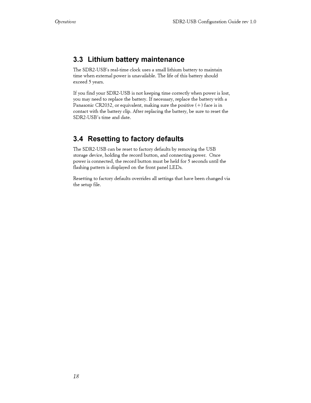 Acumen SDR2-USB manual Lithium battery maintenance, Resetting to factory defaults 