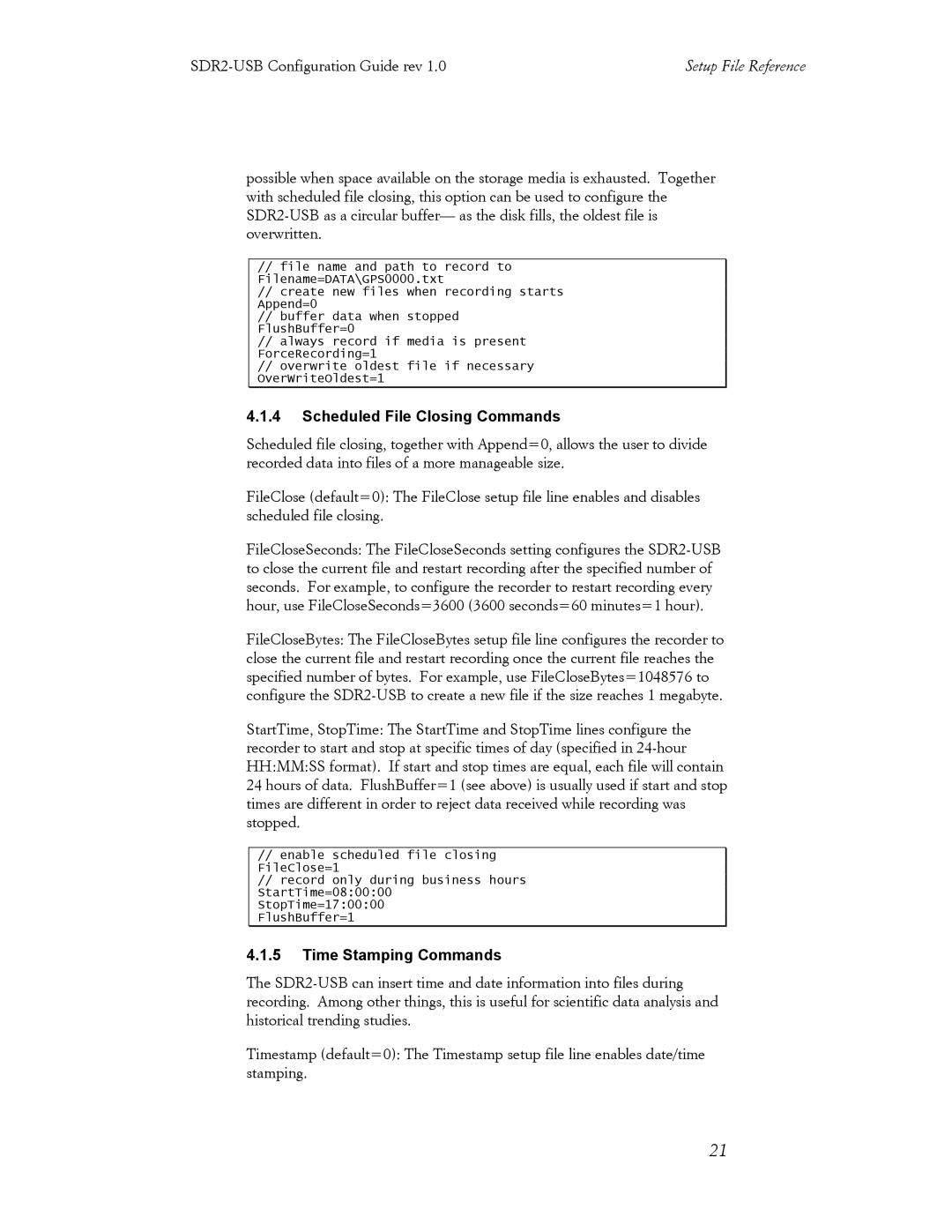 Acumen SDR2-USB manual Scheduled File Closing Commands, Time Stamping Commands 