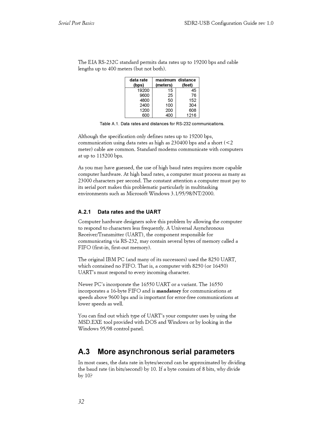 Acumen SDR2-USB manual More asynchronous serial parameters, Data rates and the Uart 