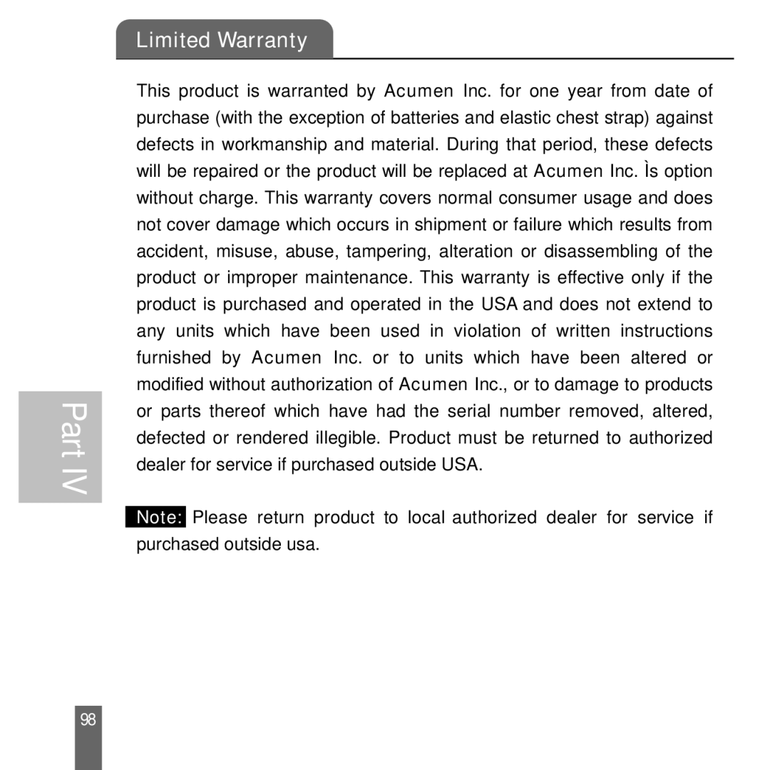 Acumen Stopwatch manual Limited Warranty 