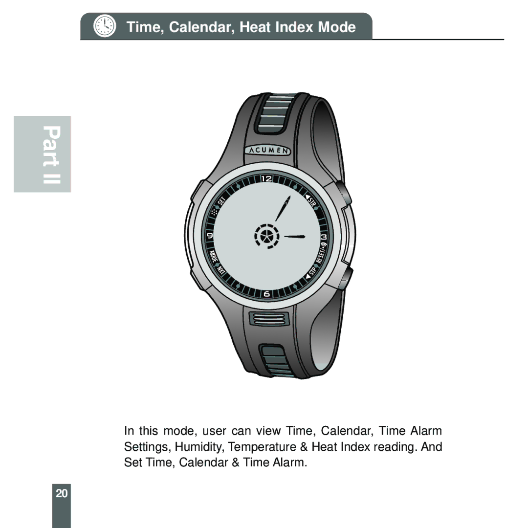 Acumen Stopwatch manual Time, Calendar, Heat Index Mode 