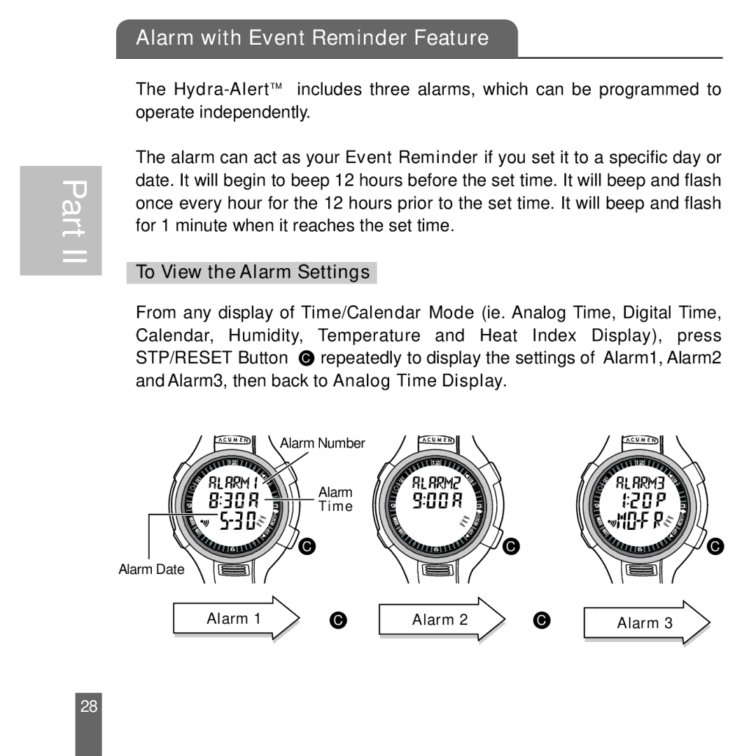 Acumen Stopwatch manual Alarm with Event Reminder Feature, To View the Alarm Settings 