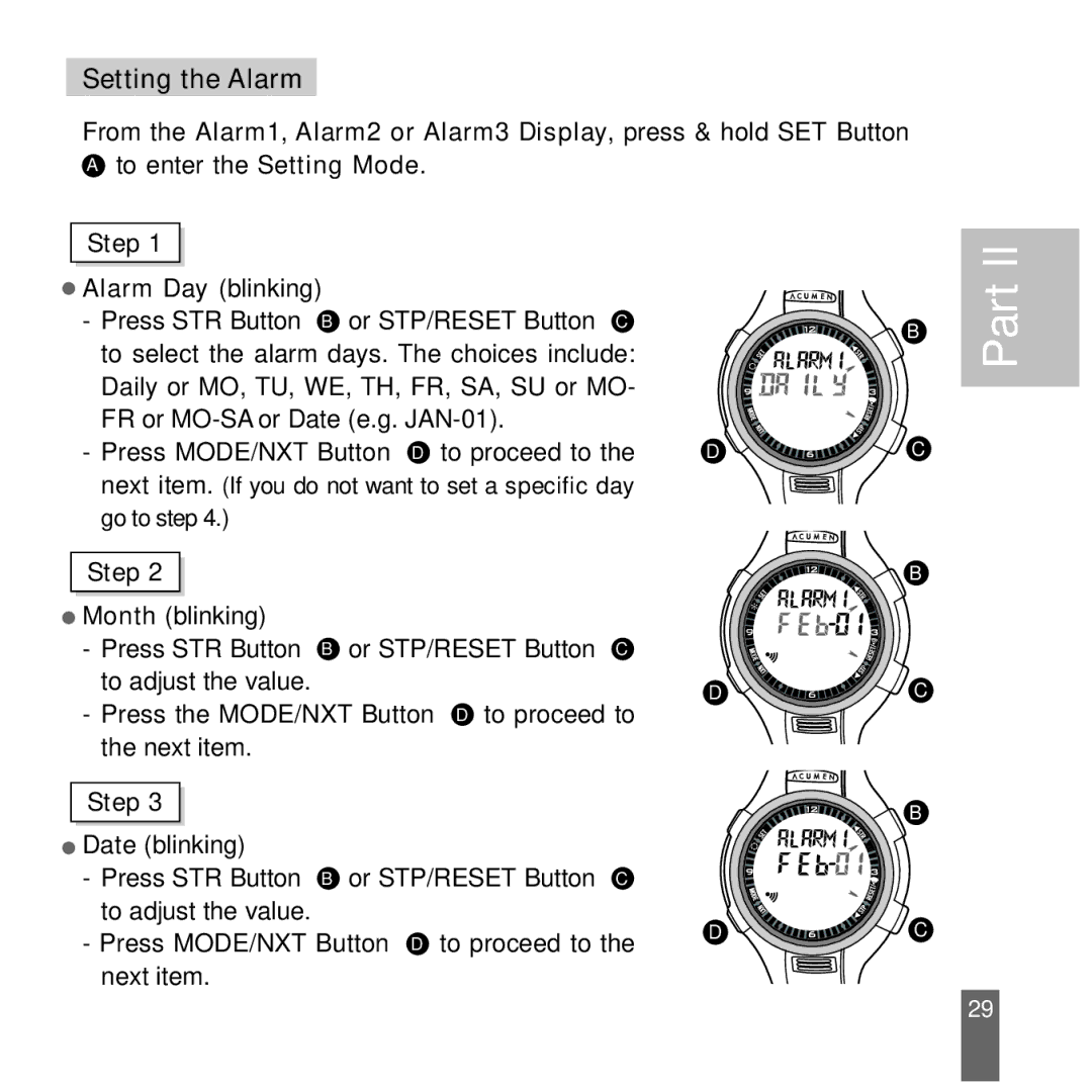 Acumen Stopwatch manual Setting the Alarm 