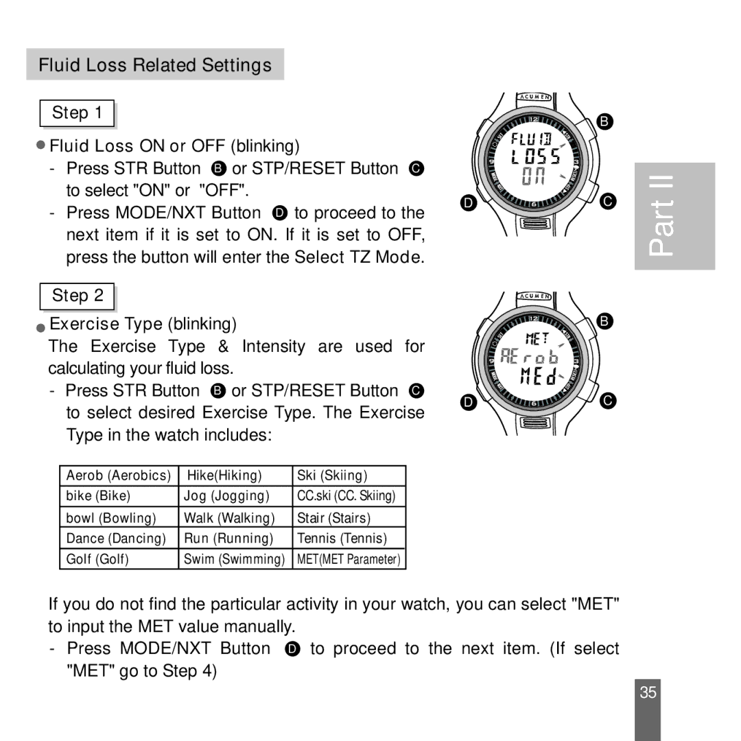 Acumen Stopwatch manual Fluid Loss Related Settings 