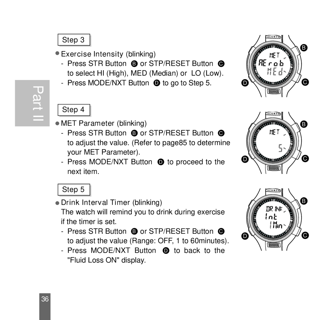 Acumen Stopwatch manual Step Exercise Intensity blinking 