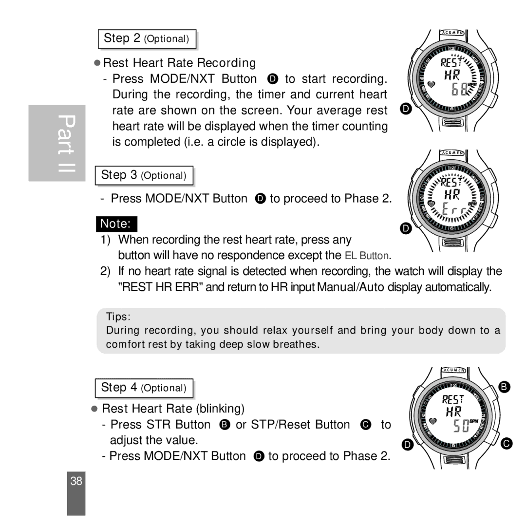 Acumen Stopwatch manual Rest Heart Rate Recording 