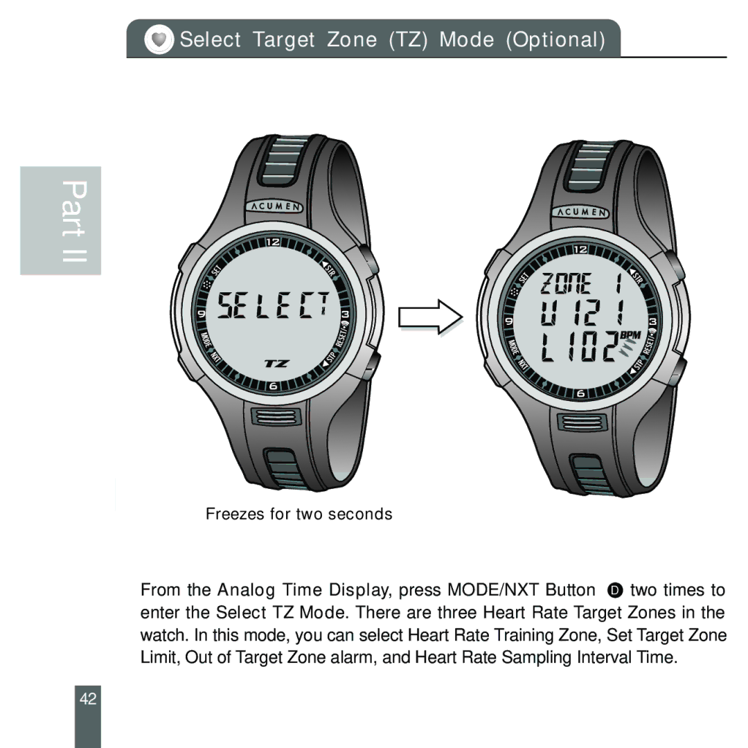 Acumen Stopwatch manual Select Target Zone TZ Mode Optional 