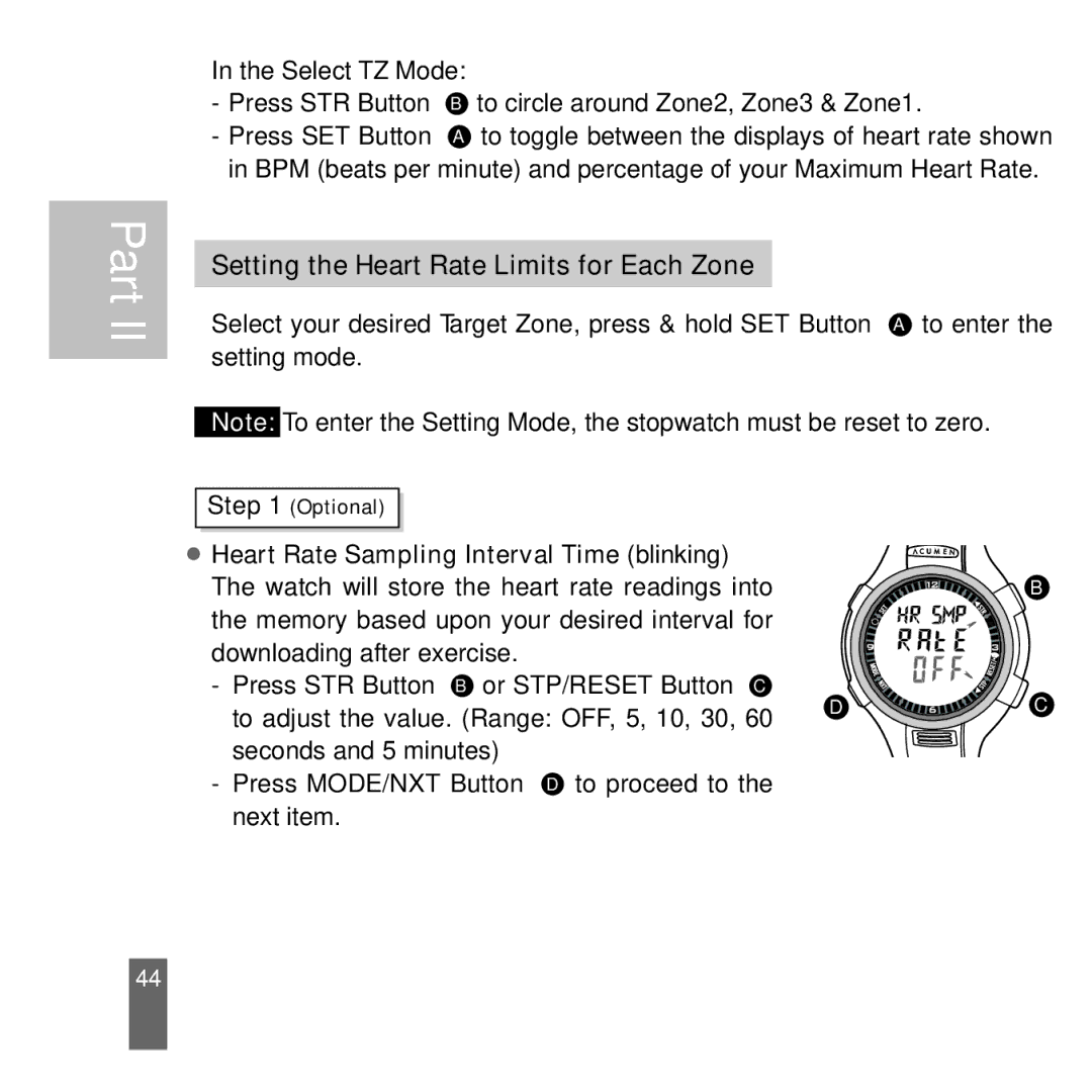 Acumen Stopwatch manual Setting the Heart Rate Limits for Each Zone 