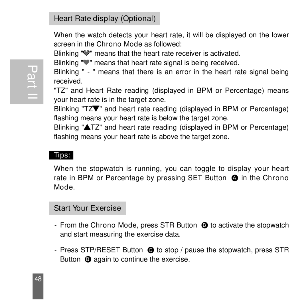 Acumen Stopwatch manual Heart Rate display Optional, Start Your Exercise 