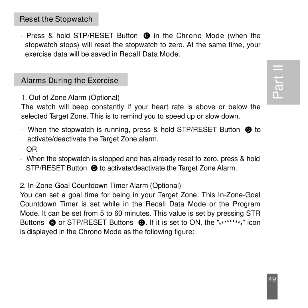 Acumen manual Reset the Stopwatch, Alarms During the Exercise 