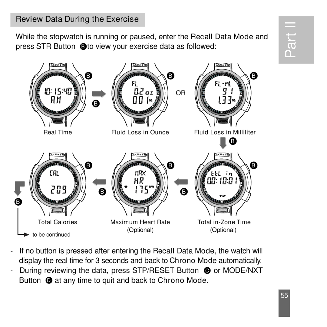 Acumen Stopwatch manual Review Data During the Exercise 