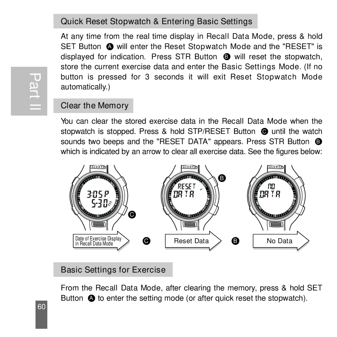 Acumen manual Quick Reset Stopwatch & Entering Basic Settings, Clear the Memory, Basic Settings for Exercise 