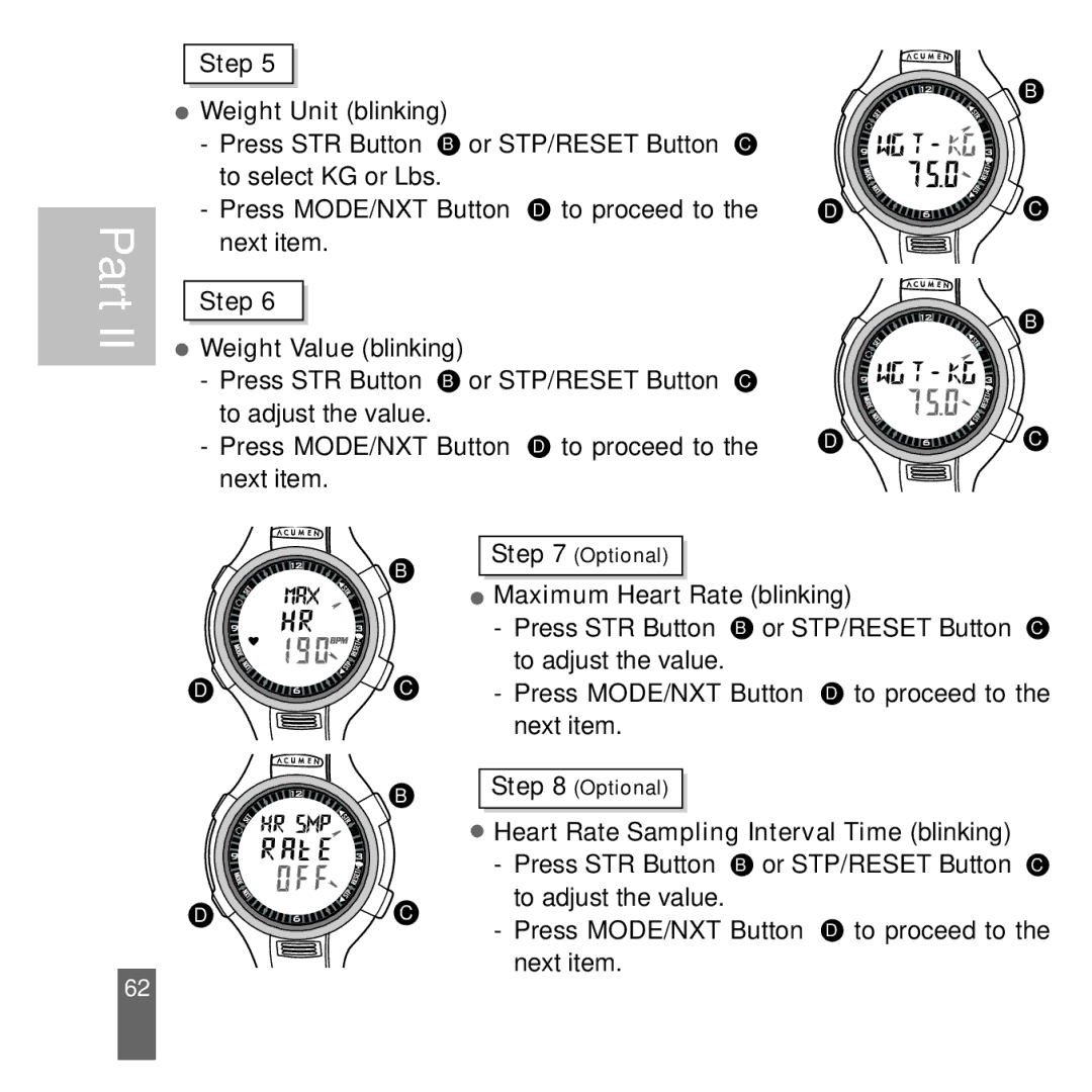 Acumen Stopwatch manual Step Weight Unit blinking 