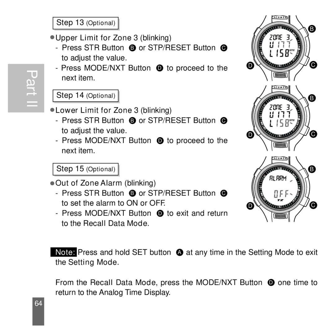 Acumen Stopwatch manual Upper Limit for Zone 3 blinking 