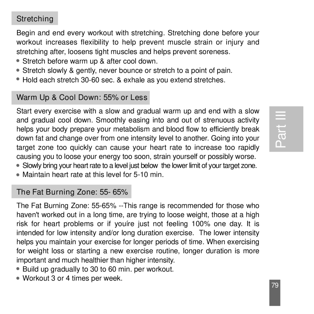 Acumen Stopwatch manual Stretching, Warm Up & Cool Down 55% or Less, Fat Burning Zone 55- 65% 