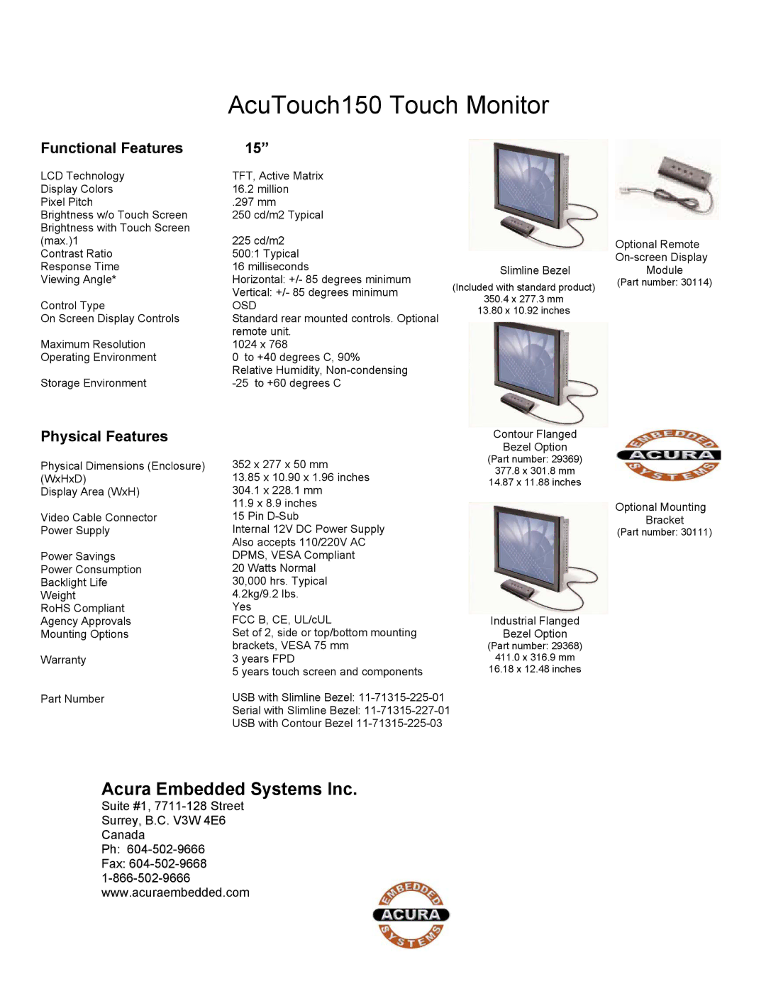 Acura Embedded 150 manual Acura Embedded Systems Inc, Functional Features, Physical Features, Osd 