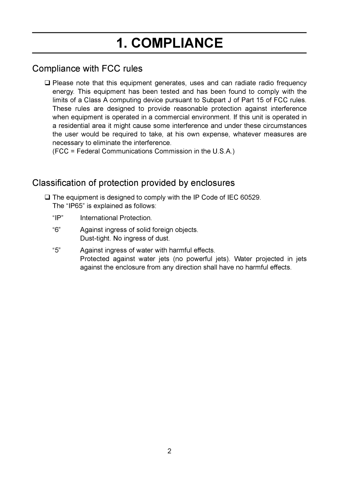 A&D 1WMPD4002313 manual Compliance with FCC rules, Classification of protection provided by enclosures 