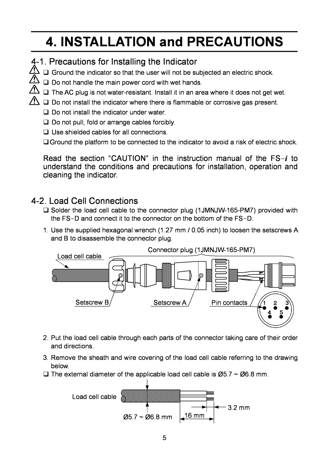 A&D 1WMPD4002313 manual INSTALLATION and PRECAUTIONS, Precautions for Installing the Indicator, Load Cell Connections 