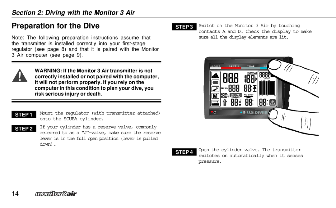 A&D 2 Plus owner manual Preparation for the Dive 