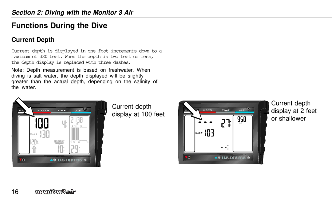 A&D 2 Plus owner manual Functions During the Dive, Current Depth 