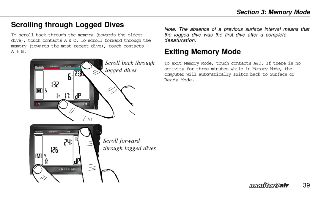 A&D 2 Plus owner manual Scrolling through Logged Dives, Exiting Memory Mode 