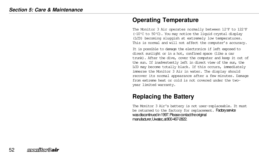 A&D 2 Plus owner manual Operating Temperature, Replacing the Battery 