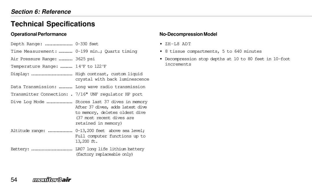 A&D 2 Plus owner manual Technical Specifications, Operational Performance No-Decompression Model 