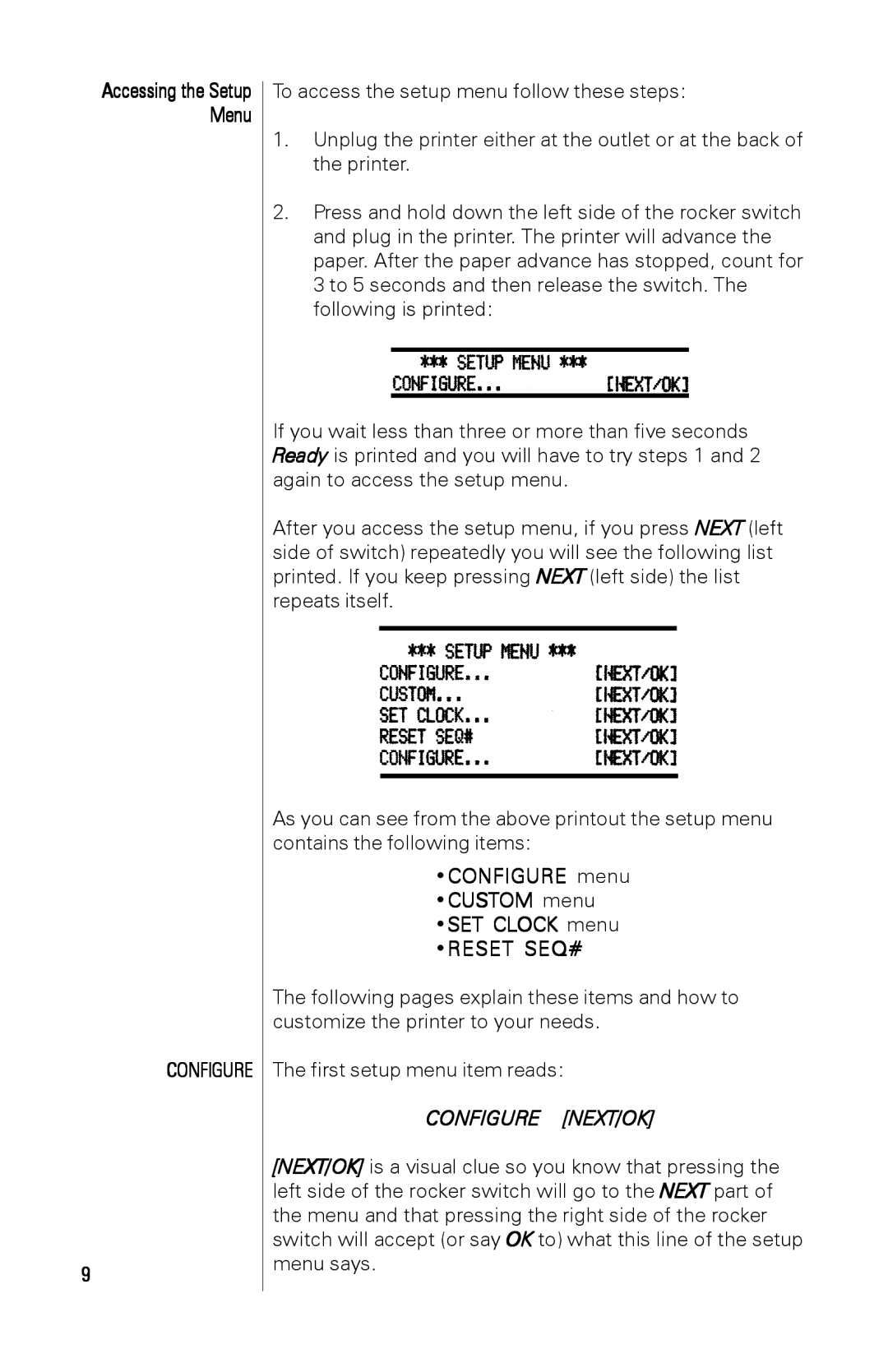 A&D AD-1191 instruction manual Configure menu Custom menu SET Clock menu 