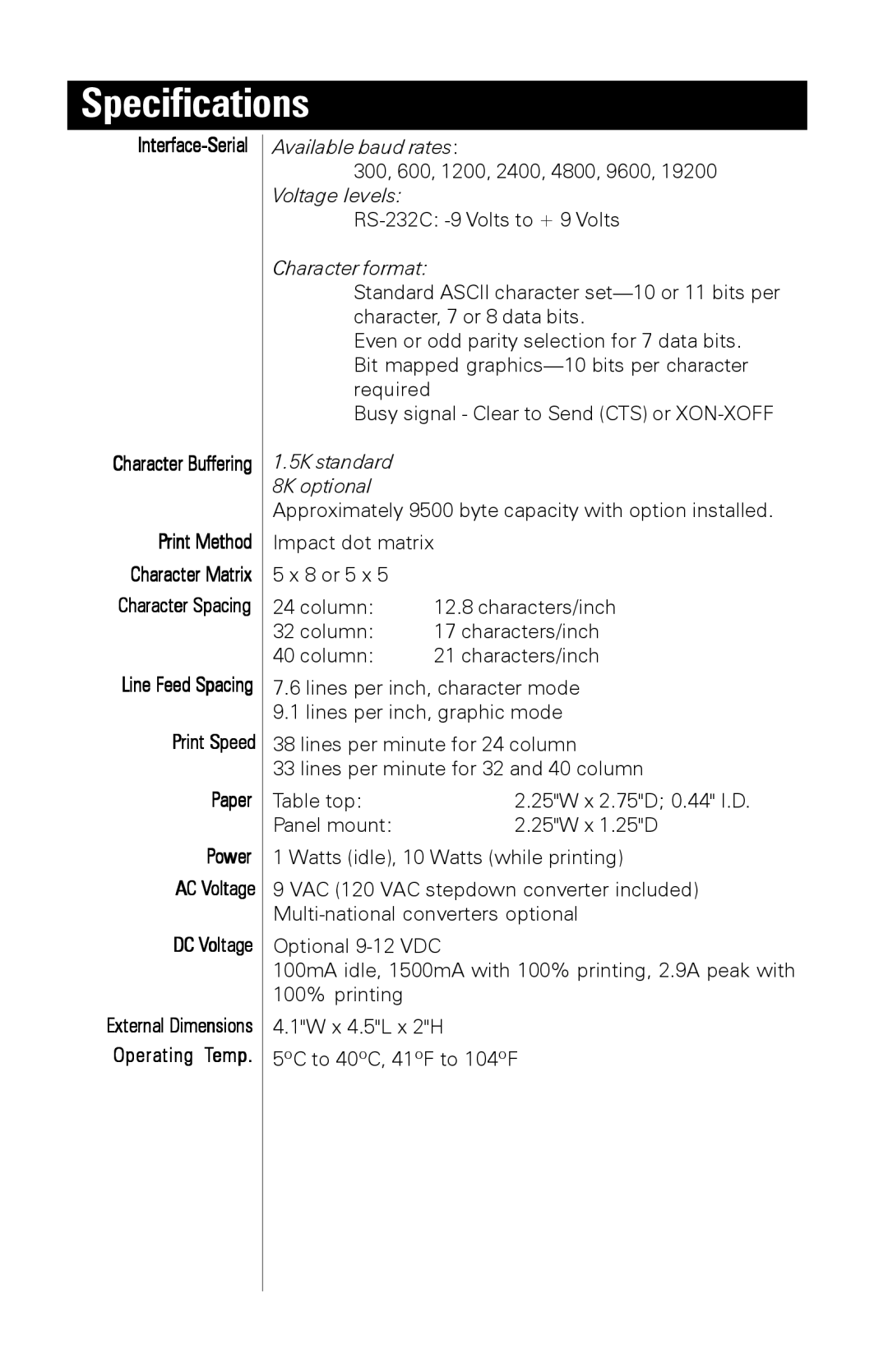 A&D AD-1191 instruction manual Specifications, Print Speed Paper Power 