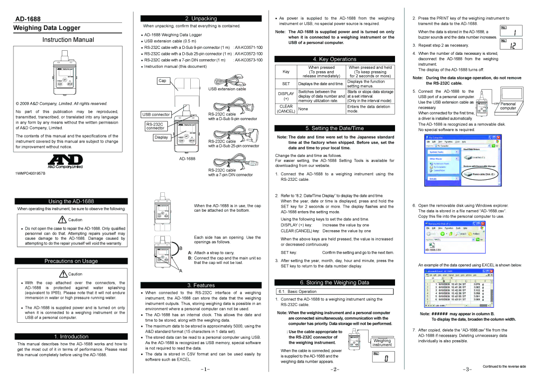 A&D instruction manual Unpacking, Key Operations, Using the AD-1688, Setting the Date/Time, Precautions on Usage 