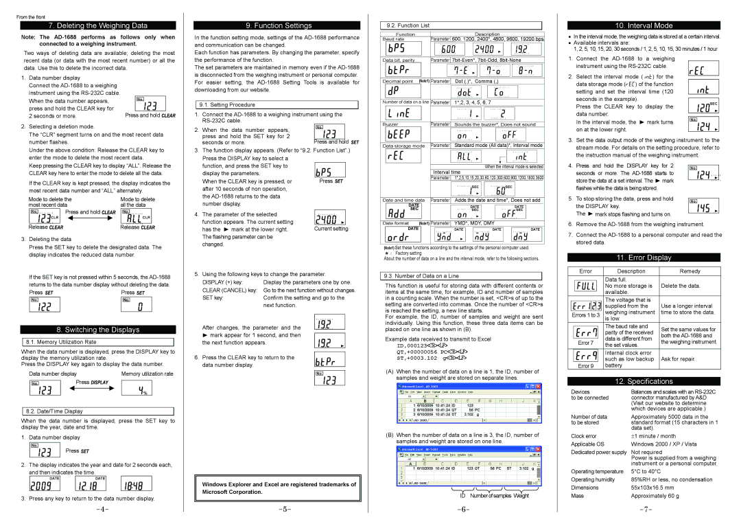 A&D AD-1688 Deleting the Weighing Data, Function Settings, Interval Mode, Switching the Displays, Error Display 