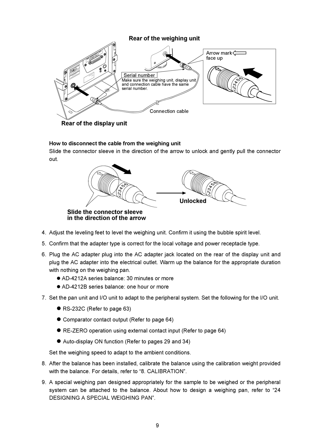 A&D AD-4212A-100/200/600/1000, AD-4212A/B Rear of the weighing unit, How to disconnect the cable from the weighing unit 