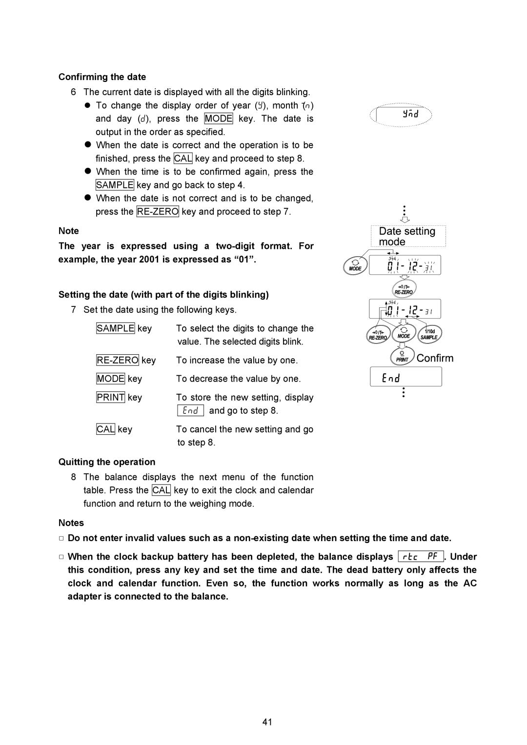 A&D AD-4212B-101/102/201/301 Confirming the date, Set the date using the following keys, Quitting the operation 