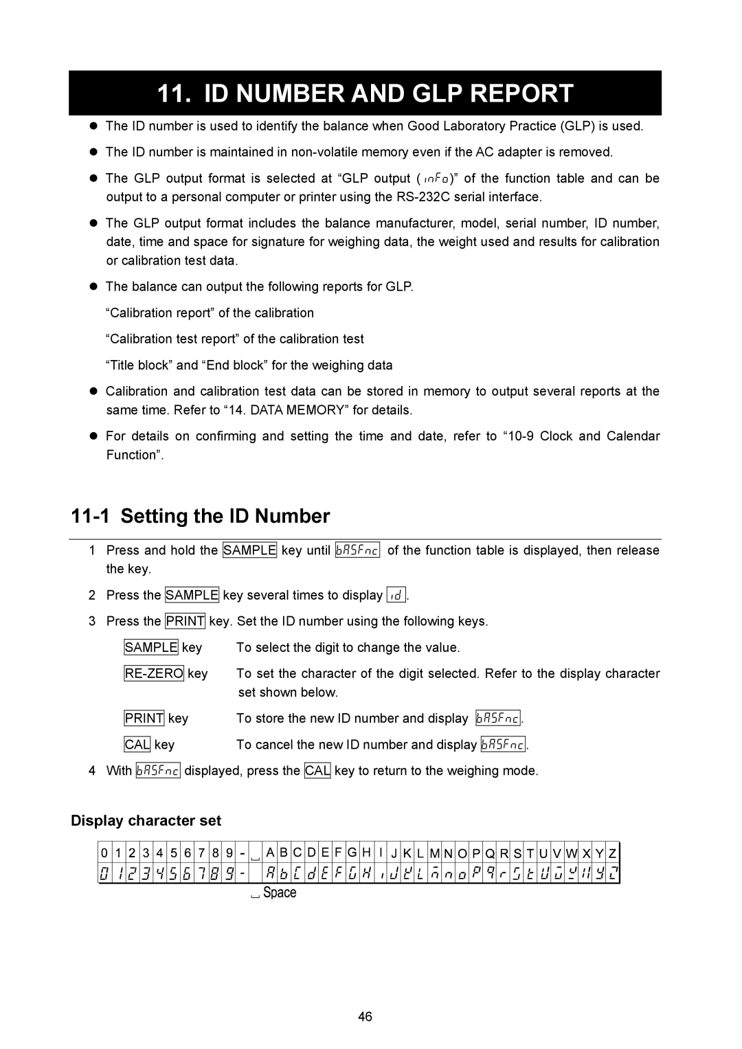 A&D AD-4212A/B, AD-4212B-101/102/201/301 ID Number and GLP Report, Setting the ID Number, Display character set 