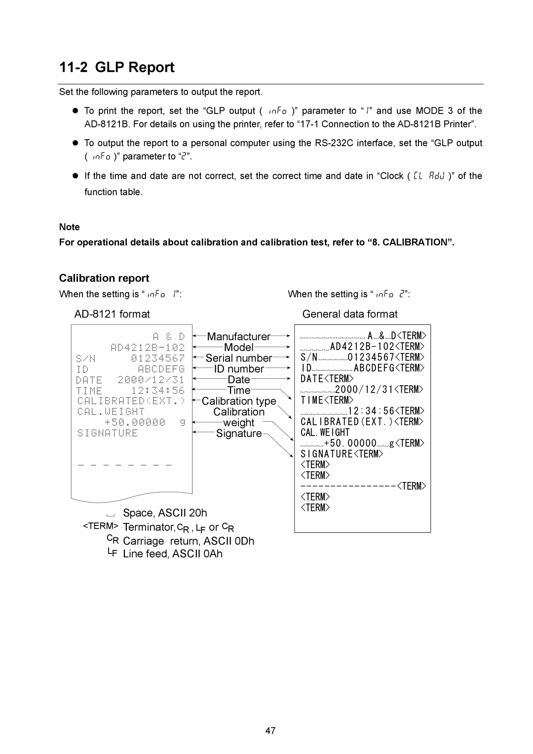 A&D AD-4212B-101/102/201/301, AD-4212A/B GLP Report, Calibration report, Set the following parameters to output the report 