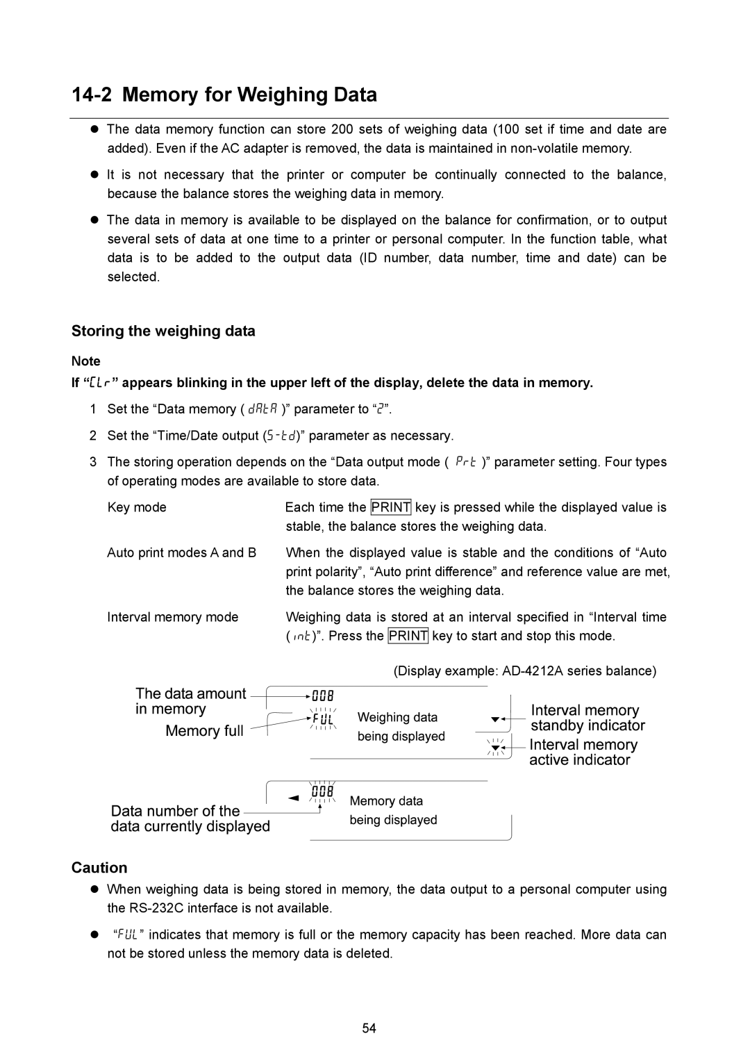 A&D AD-4212A-100/200/600/1000 Memory for Weighing Data, Storing the weighing data, Balance stores the weighing data 