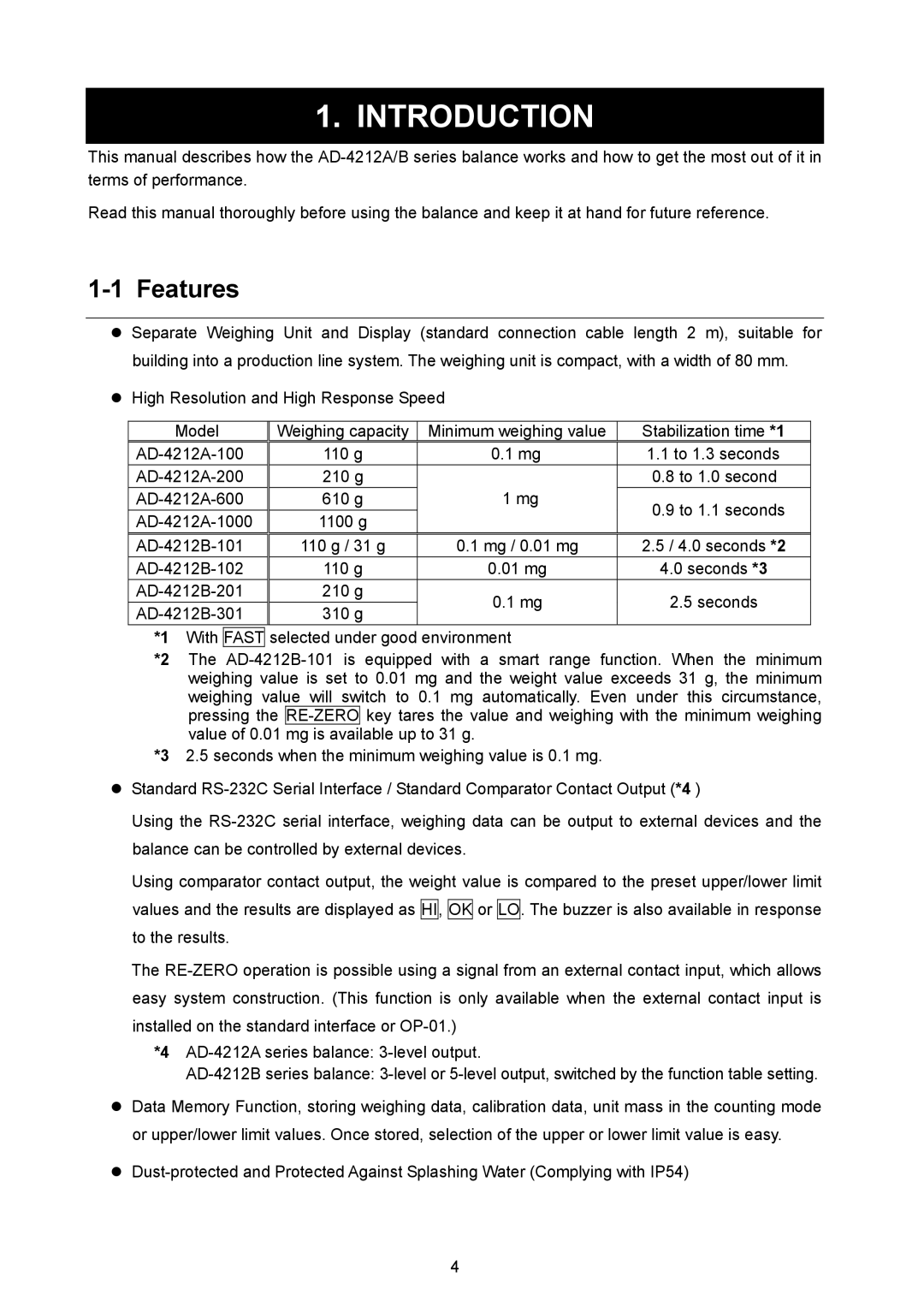 A&D AD-4212A/B, AD-4212B-101/102/201/301, AD-4212A-100/200/600/1000 instruction manual Introduction, Features 