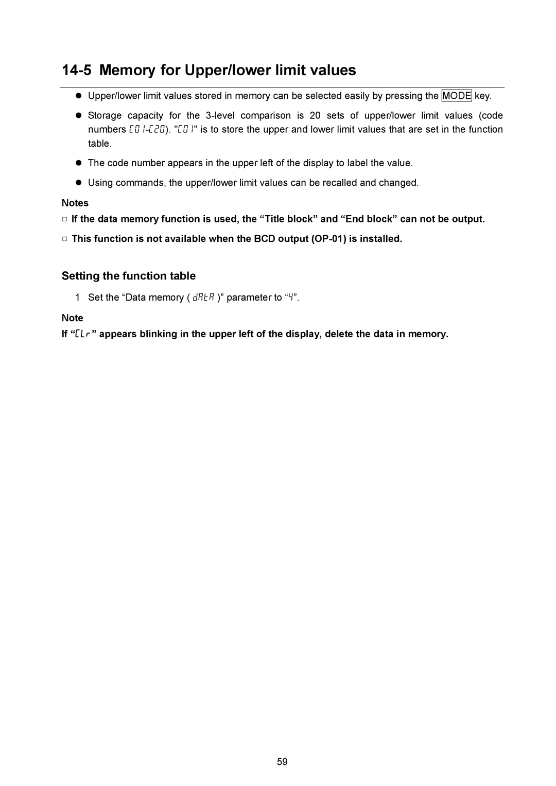 A&D AD-4212B-101/102/201/301, AD-4212A/B instruction manual Memory for Upper/lower limit values, Setting the function table 