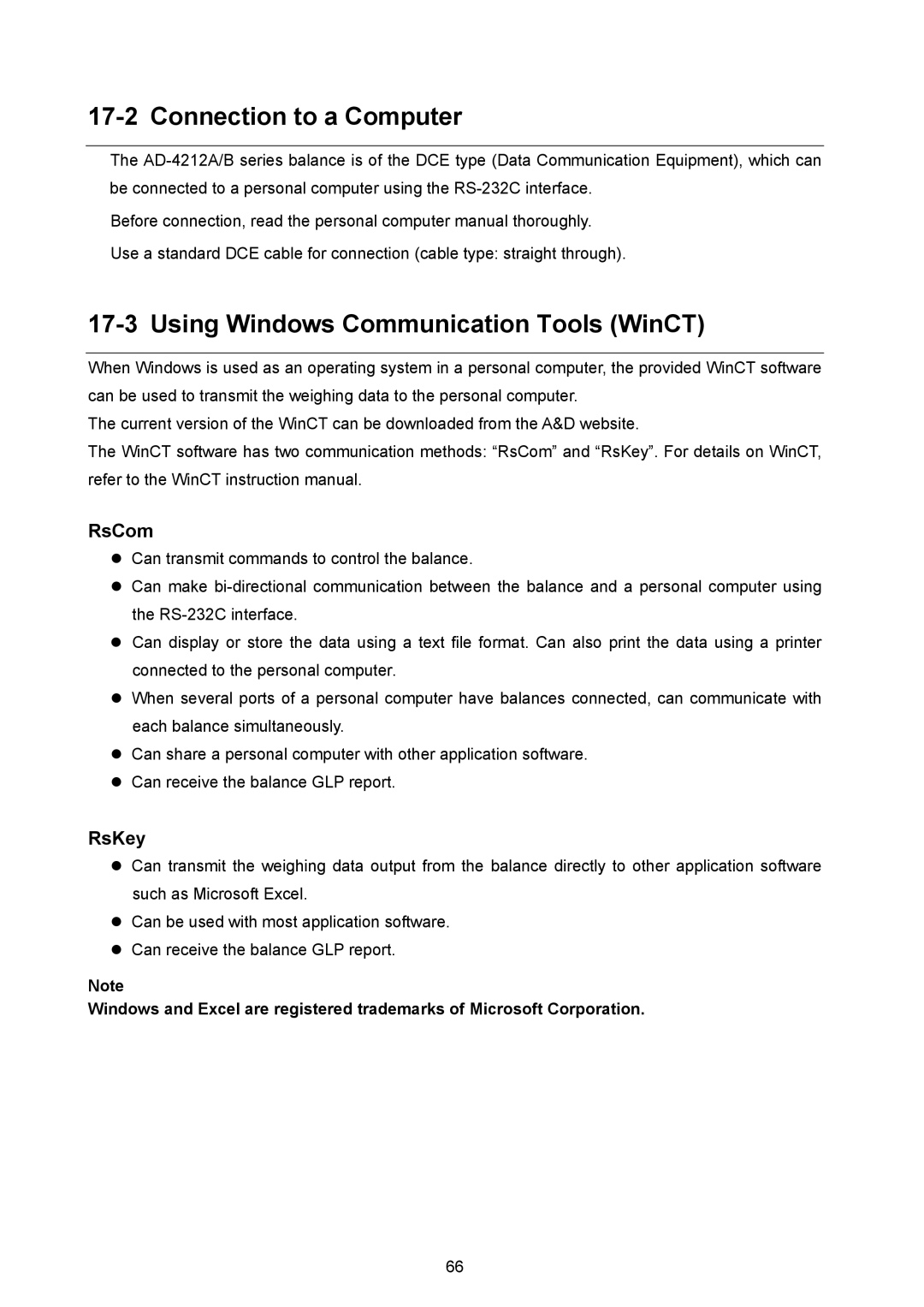 A&D AD-4212A-100/200/600/1000, AD-4212A/B Connection to a Computer, Using Windows Communication Tools WinCT, RsCom, RsKey 