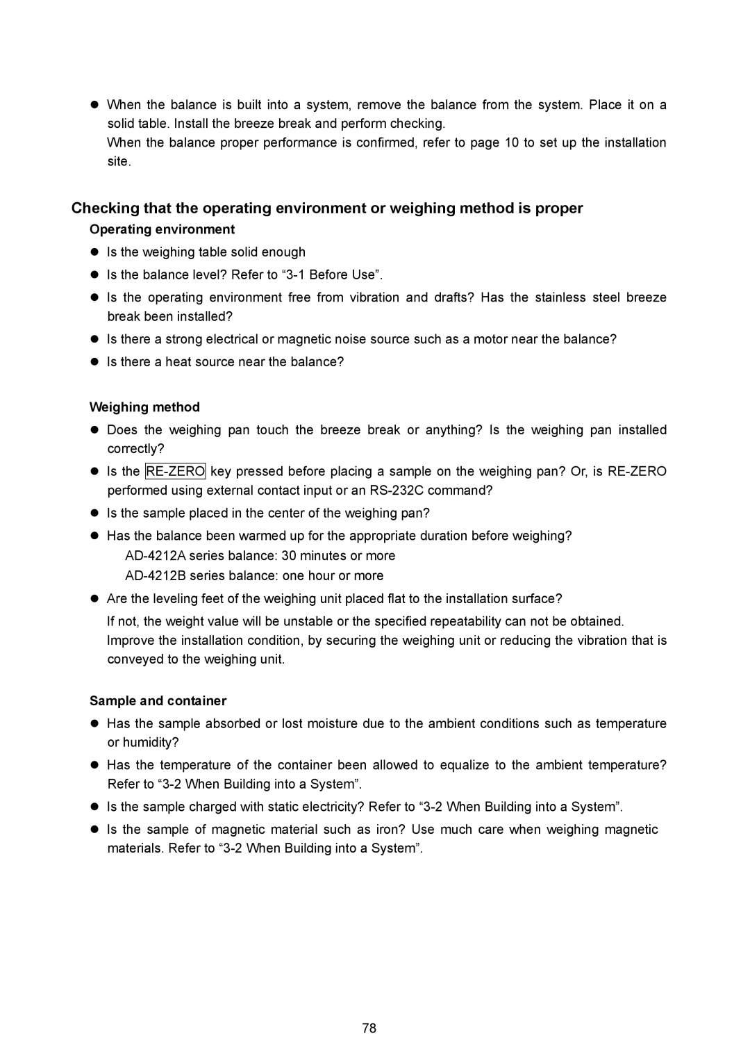 A&D AD-4212A-100/200/600/1000, AD-4212A/B instruction manual Operating environment, Weighing method, Sample and container 