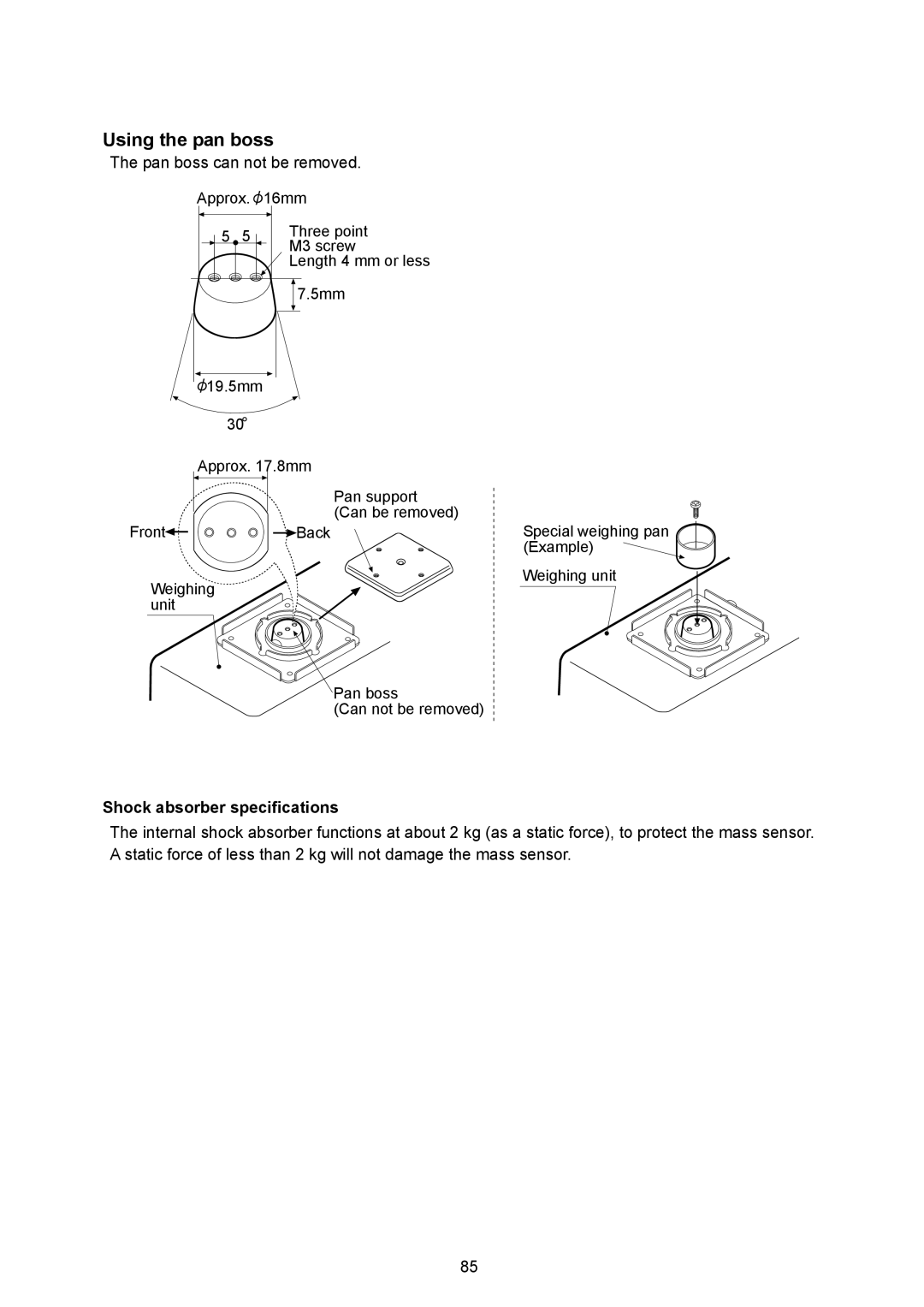 A&D AD-4212A/B, AD-4212B-101/102/201/301 Using the pan boss, Pan boss can not be removed, Shock absorber specifications 