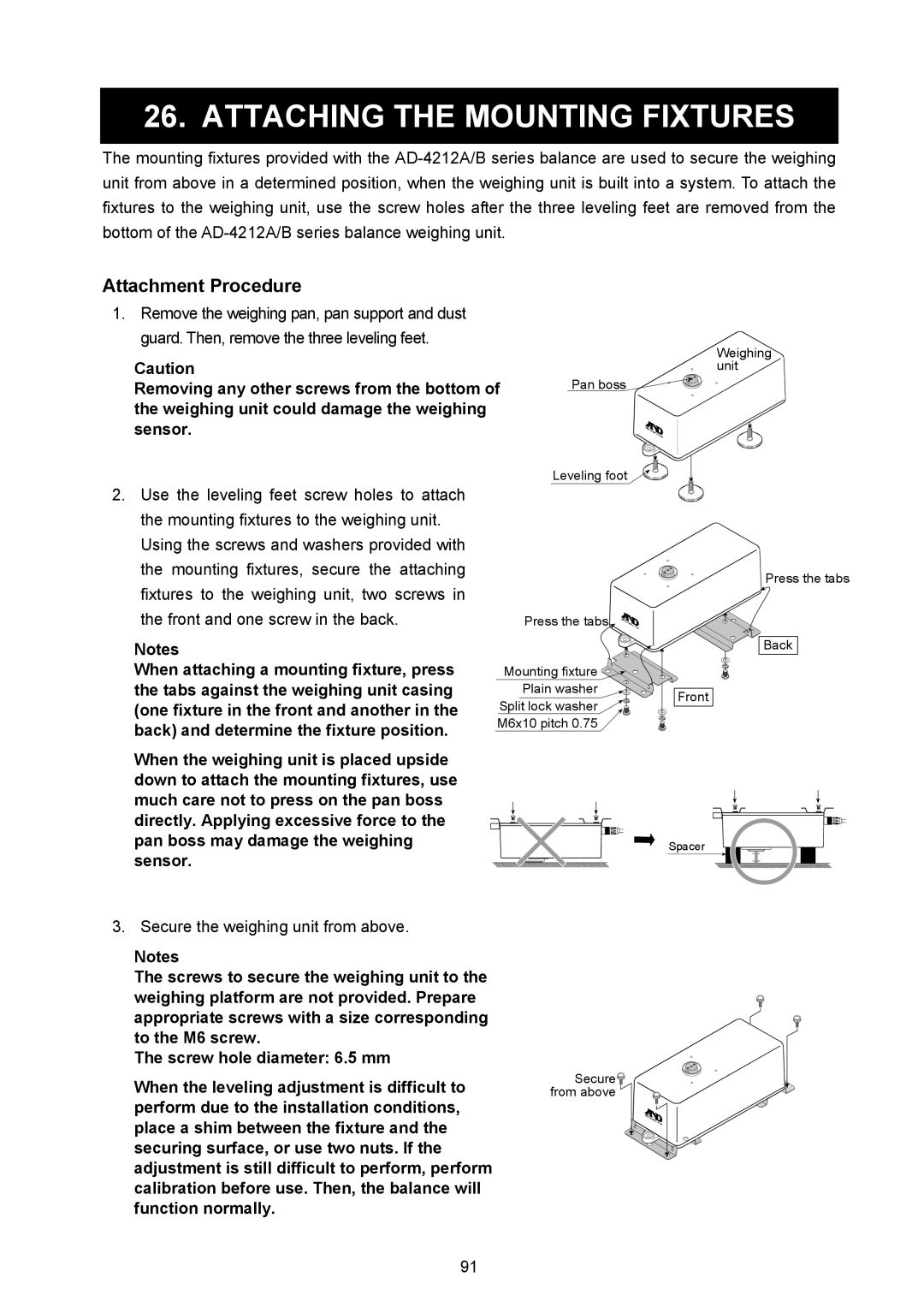 A&D AD-4212A/B Attaching the Mounting Fixtures, Attachment Procedure, Secure the weighing unit from above 