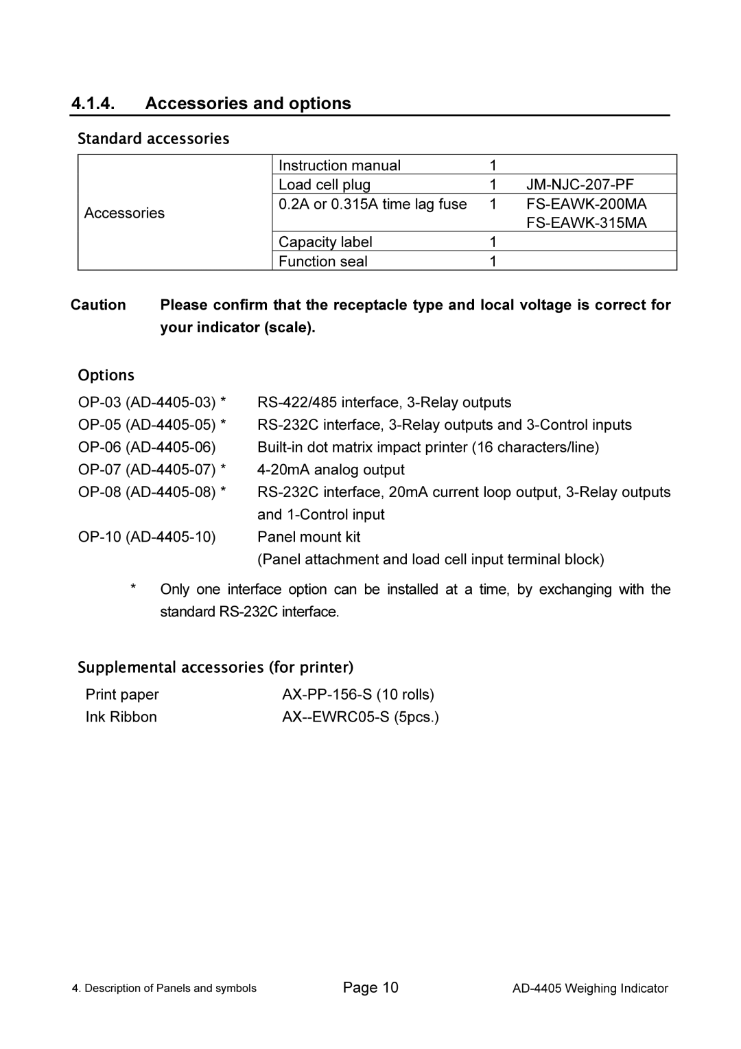 A&D AD-4405 manual Accessories and options, Standard accessories, Options, Supplemental accessories for printer 