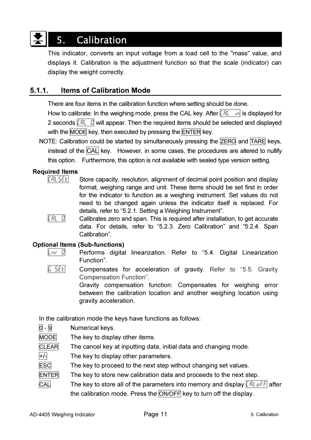 A&D AD-4405 manual Items of Calibration Mode 