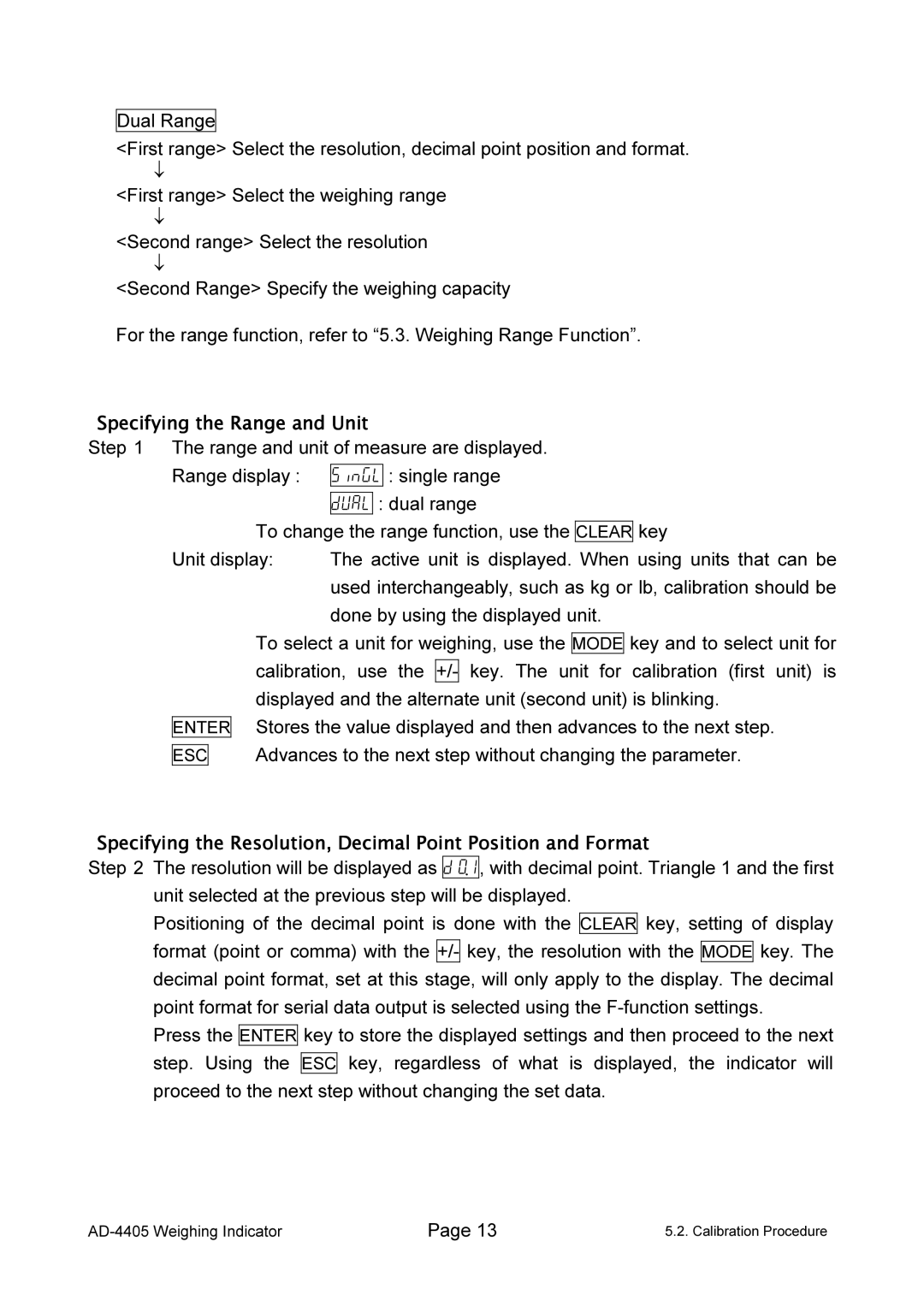 A&D AD-4405 manual Specifying the Range and Unit, Specifying the Resolution, Decimal Point Position and Format 