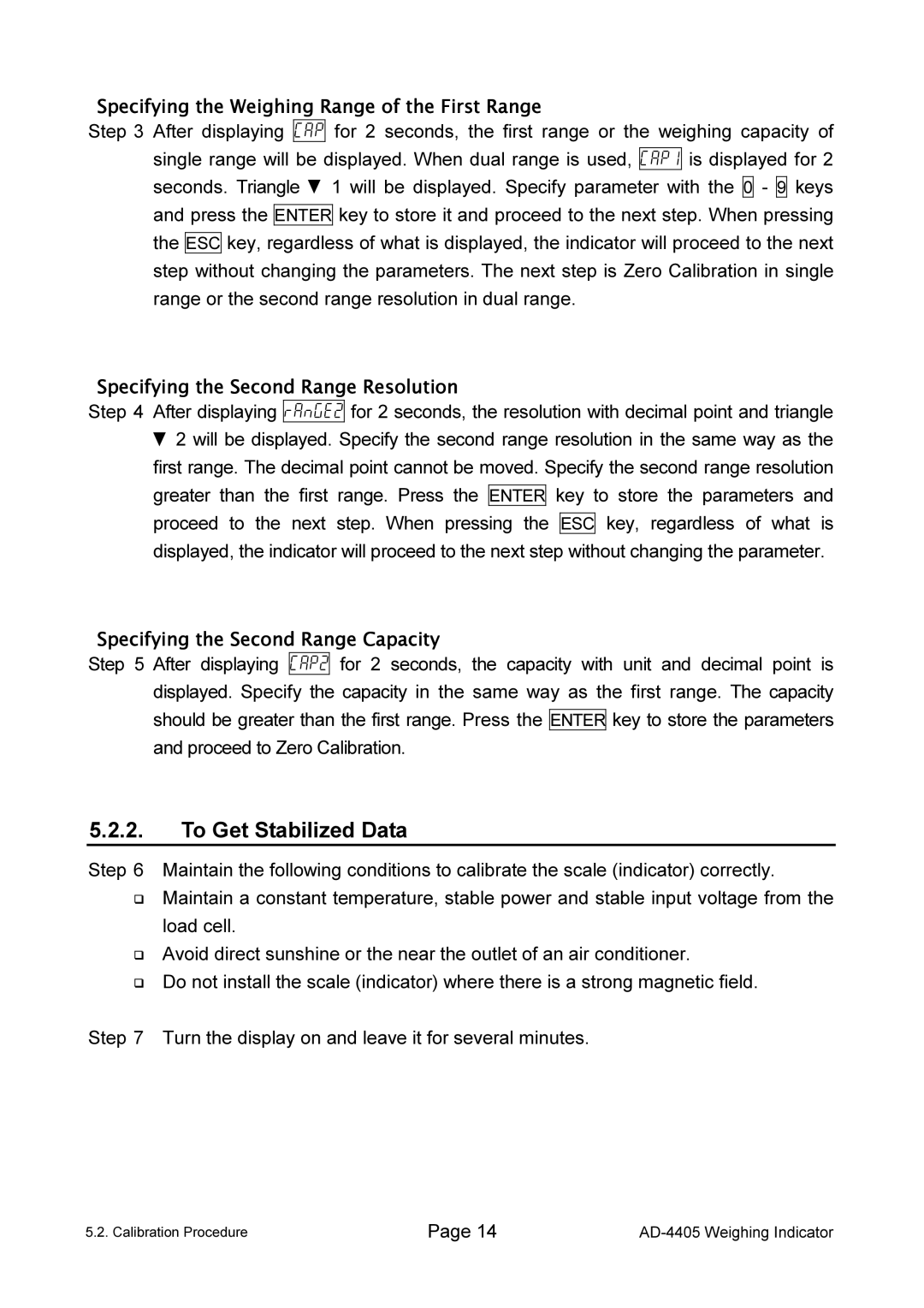 A&D AD-4405 To Get Stabilized Data, Specifying the Weighing Range of the First Range, Specifying the Second Range Capacity 