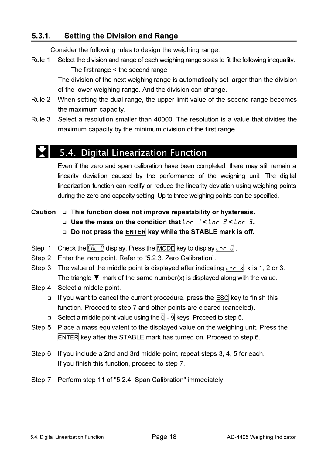 A&D AD-4405 manual Digital Linearization Function, Setting the Division and Range 