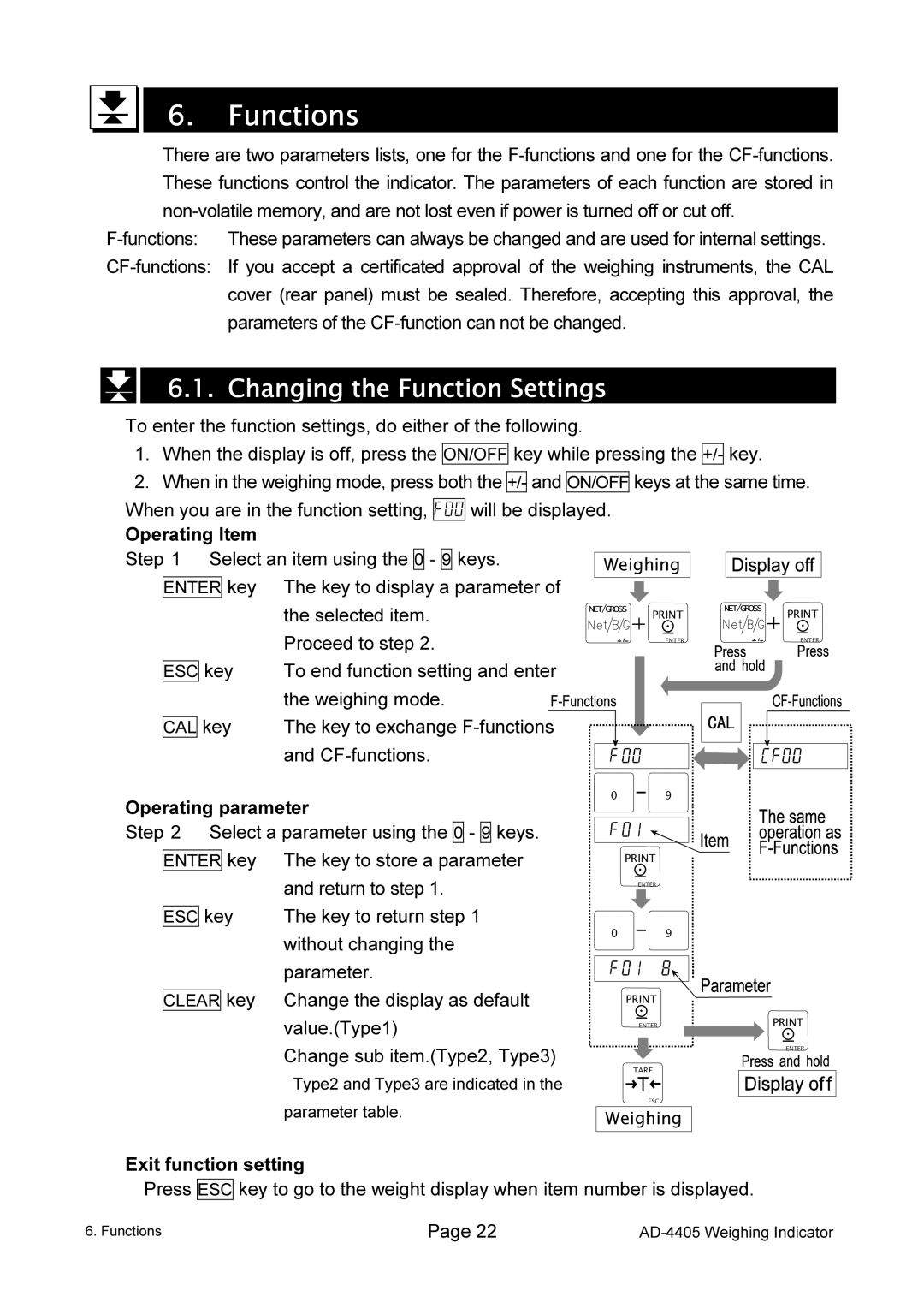 A&D AD-4405 manual Functions, Changing the Function Settings 